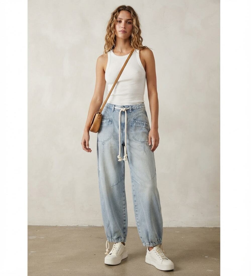 We The Free Free People Barrel Leg Utility Cargo Wide Leg Drawstring Jeans 25